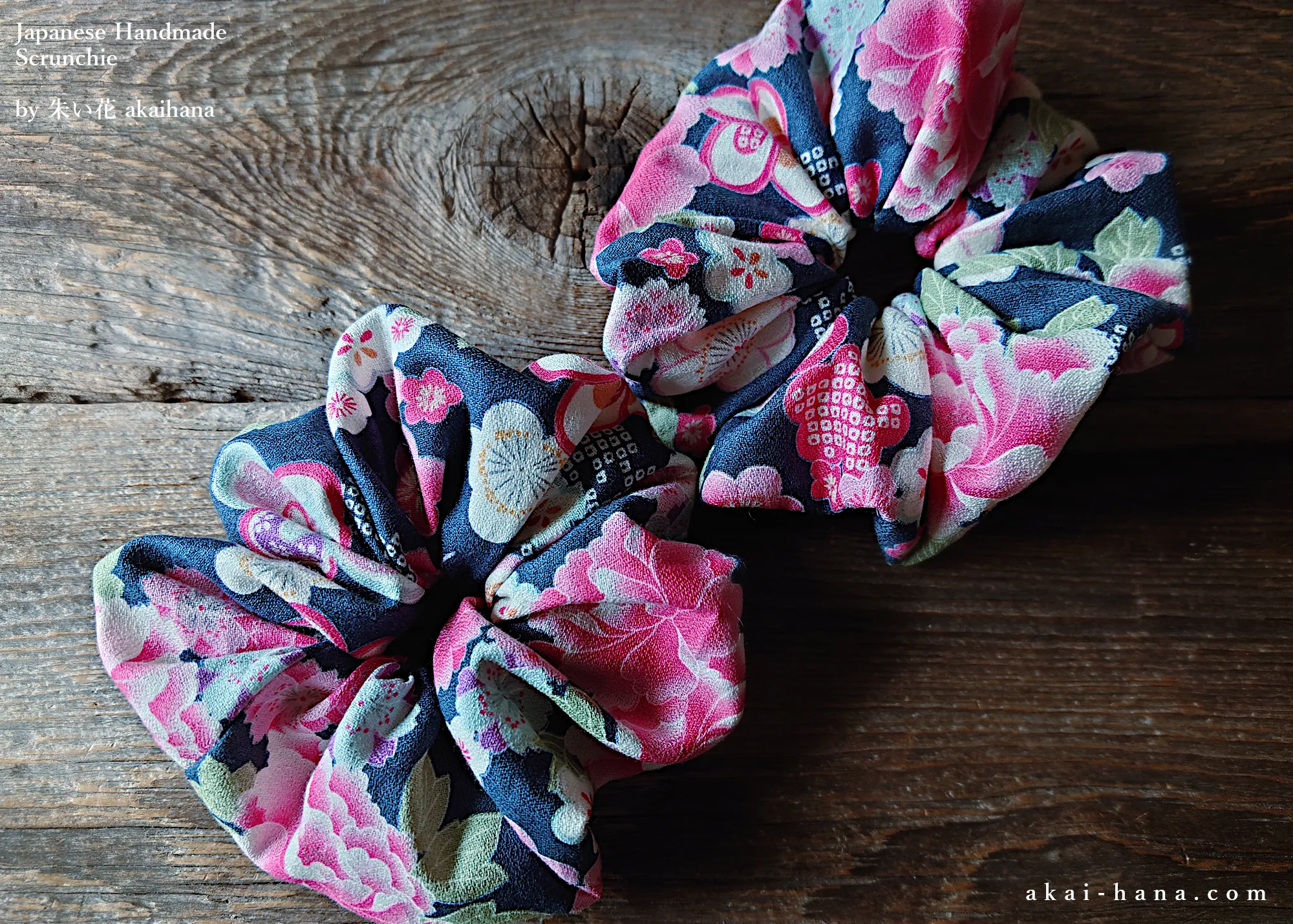 Japanese Handmade Kimono Style Scrunchies, Hikita Hanaguruma Navy ⦿scjf0059