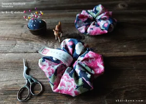 Japanese Handmade Kimono Style Scrunchies, Hikita Hanaguruma Navy ⦿scjf0059