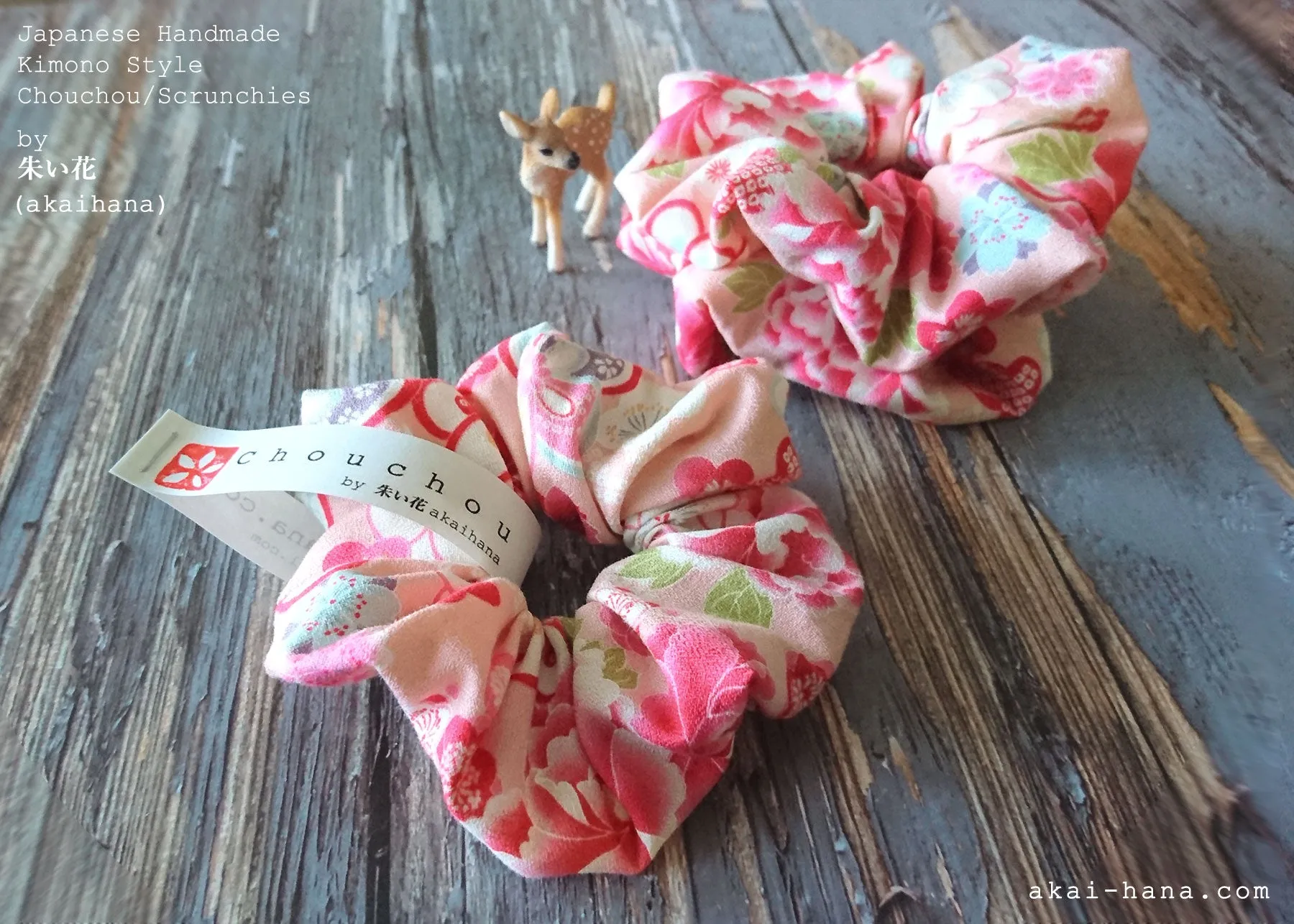 Japanese Handmade Kimono Style Scrunchies, Hikita Hanaguruma Pink, scjf0060