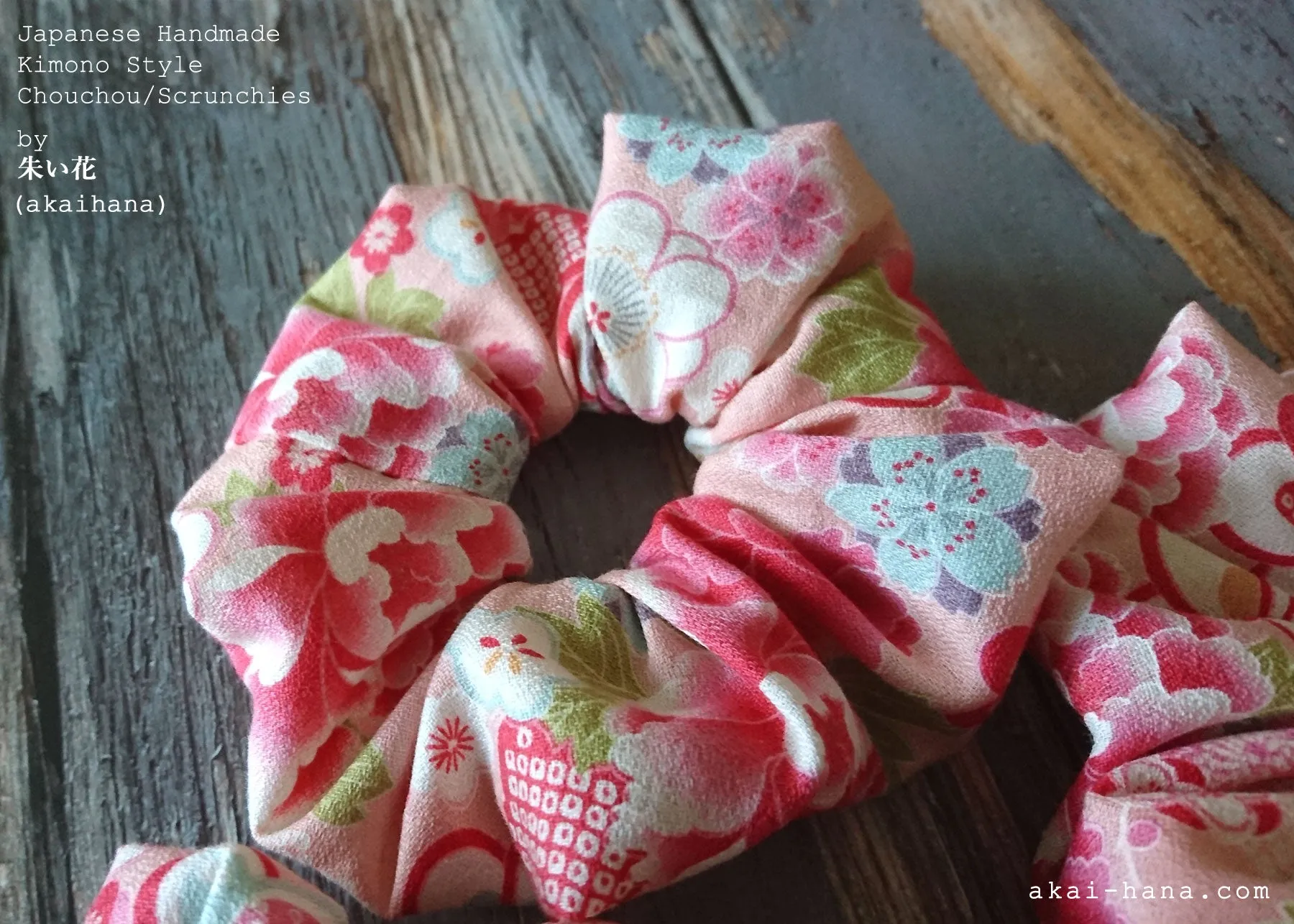 Japanese Handmade Kimono Style Scrunchies, Hikita Hanaguruma Pink, scjf0060