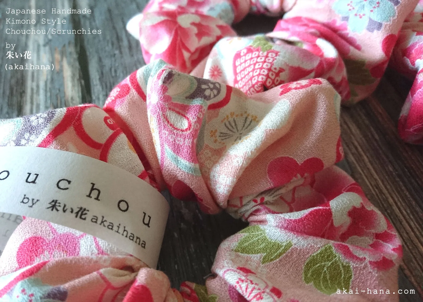 Japanese Handmade Kimono Style Scrunchies, Hikita Hanaguruma Pink, scjf0060