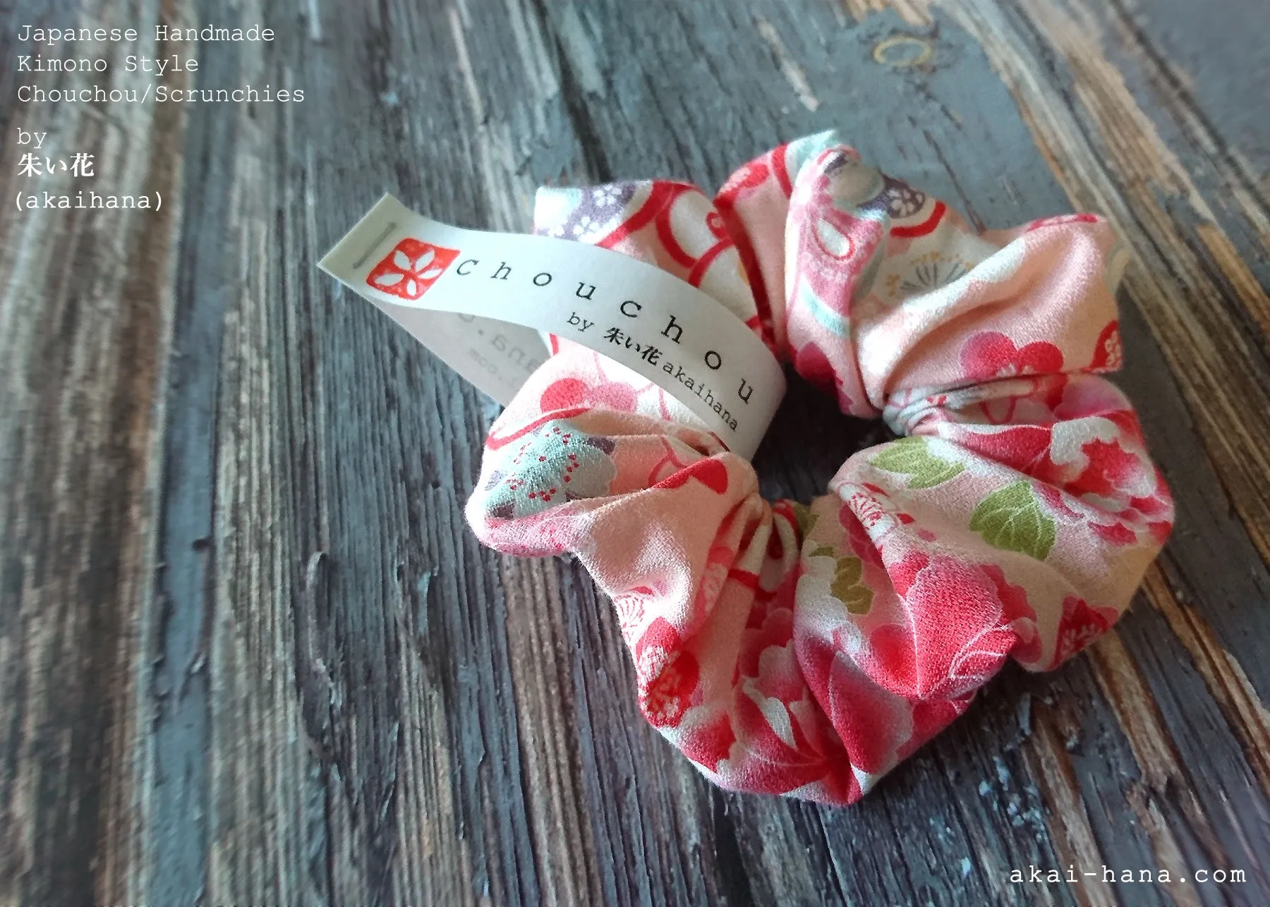 Japanese Handmade Kimono Style Scrunchies, Hikita Hanaguruma Pink, scjf0060