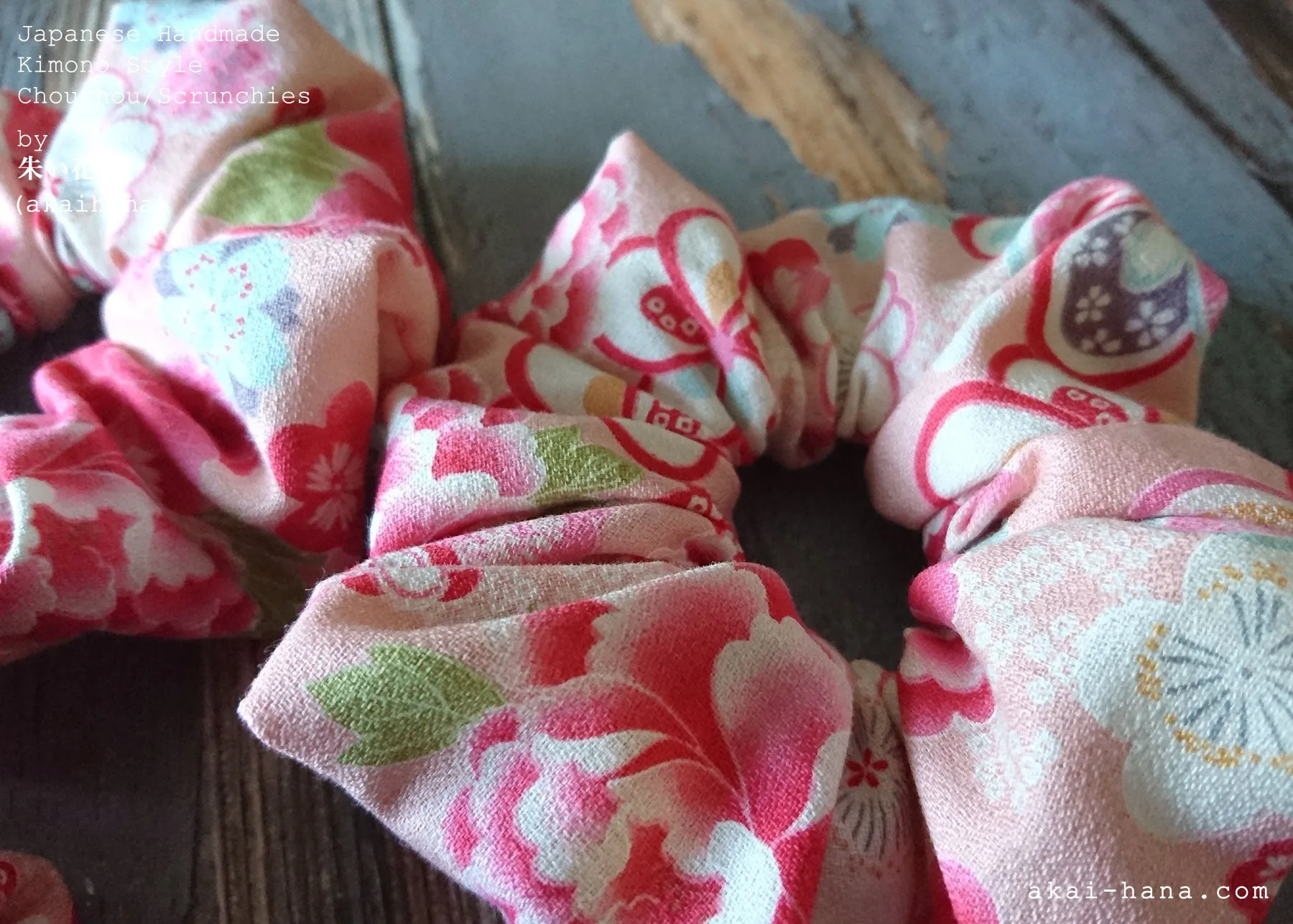 Japanese Handmade Kimono Style Scrunchies, Hikita Hanaguruma Pink, scjf0060