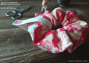 Japanese Handmade Kimono Style Scrunchies, Hikita Hanaguruma Red, scjf0061