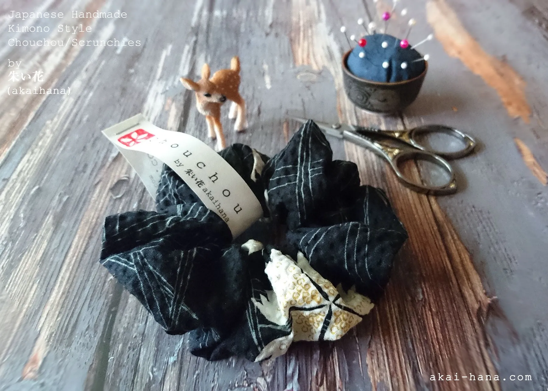 Japanese Handmade Kimono style Scrunchies, Kuro Nadeshiko, Black Dianthus, scjf0068