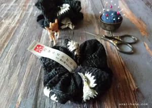Japanese Handmade Kimono style Scrunchies, Kuro Nadeshiko, Black Dianthus, scjf0068