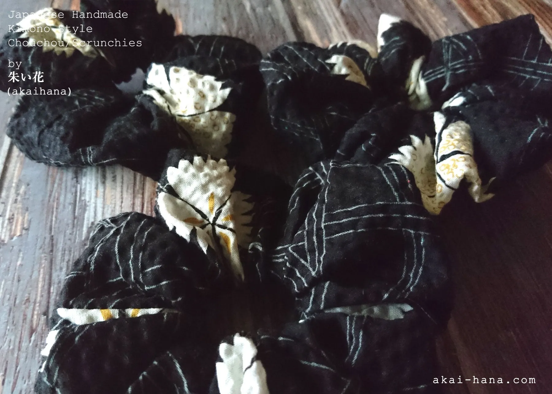 Japanese Handmade Kimono style Scrunchies, Kuro Nadeshiko, Black Dianthus, scjf0068