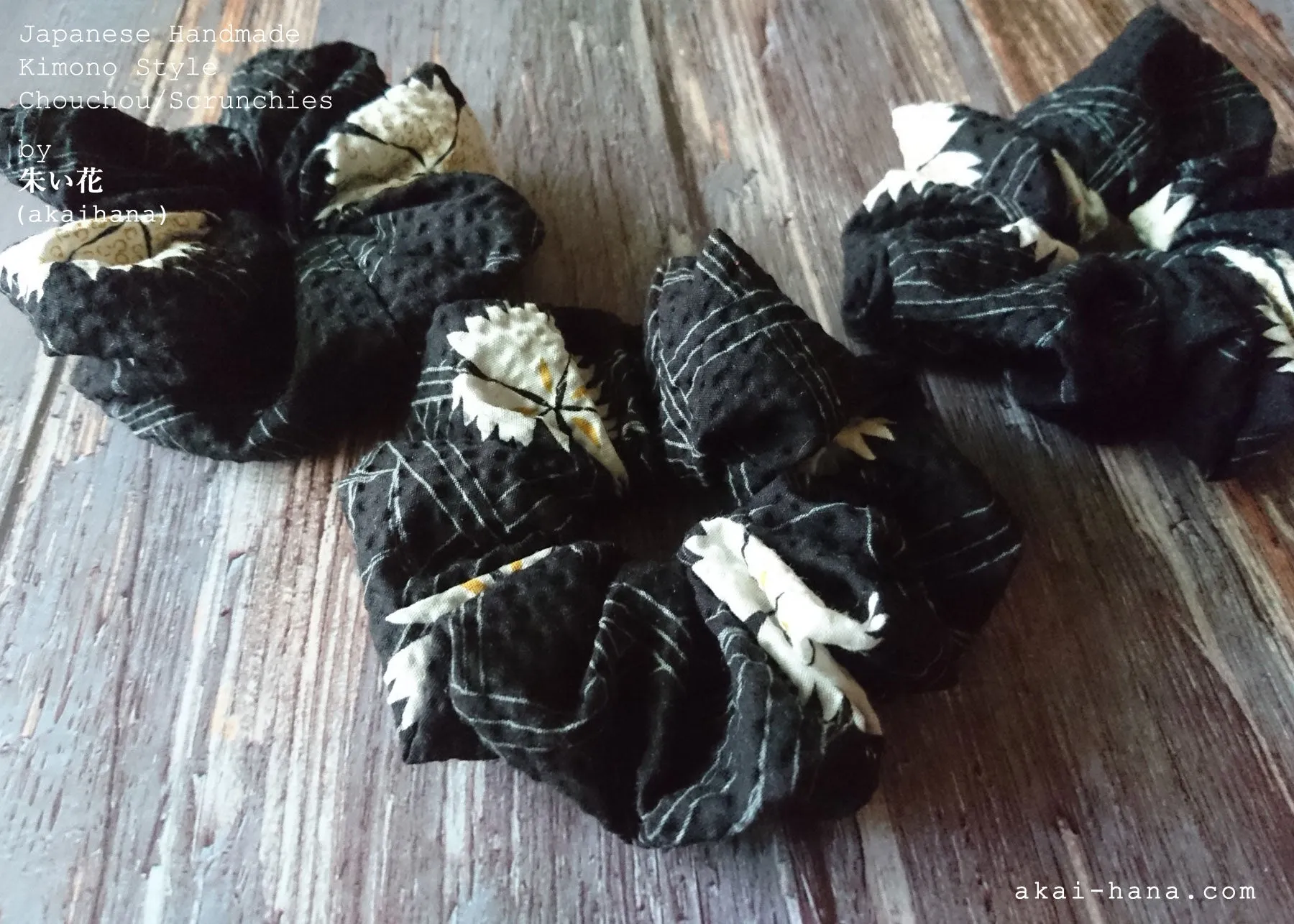 Japanese Handmade Kimono style Scrunchies, Kuro Nadeshiko, Black Dianthus, scjf0068