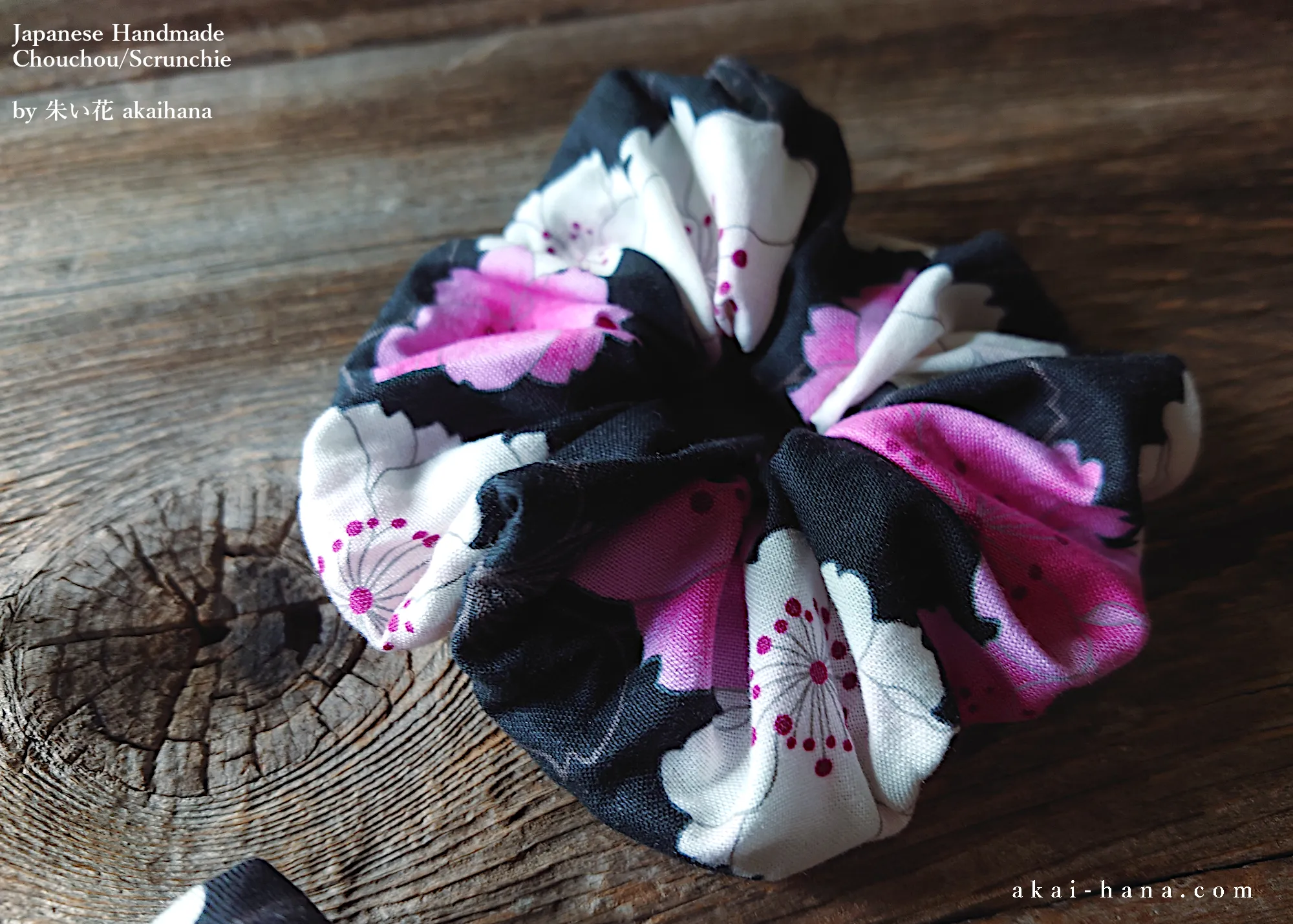 Japanese Handmade Kimono style Scrunchies, SAKURA Black ⦿scjf0019