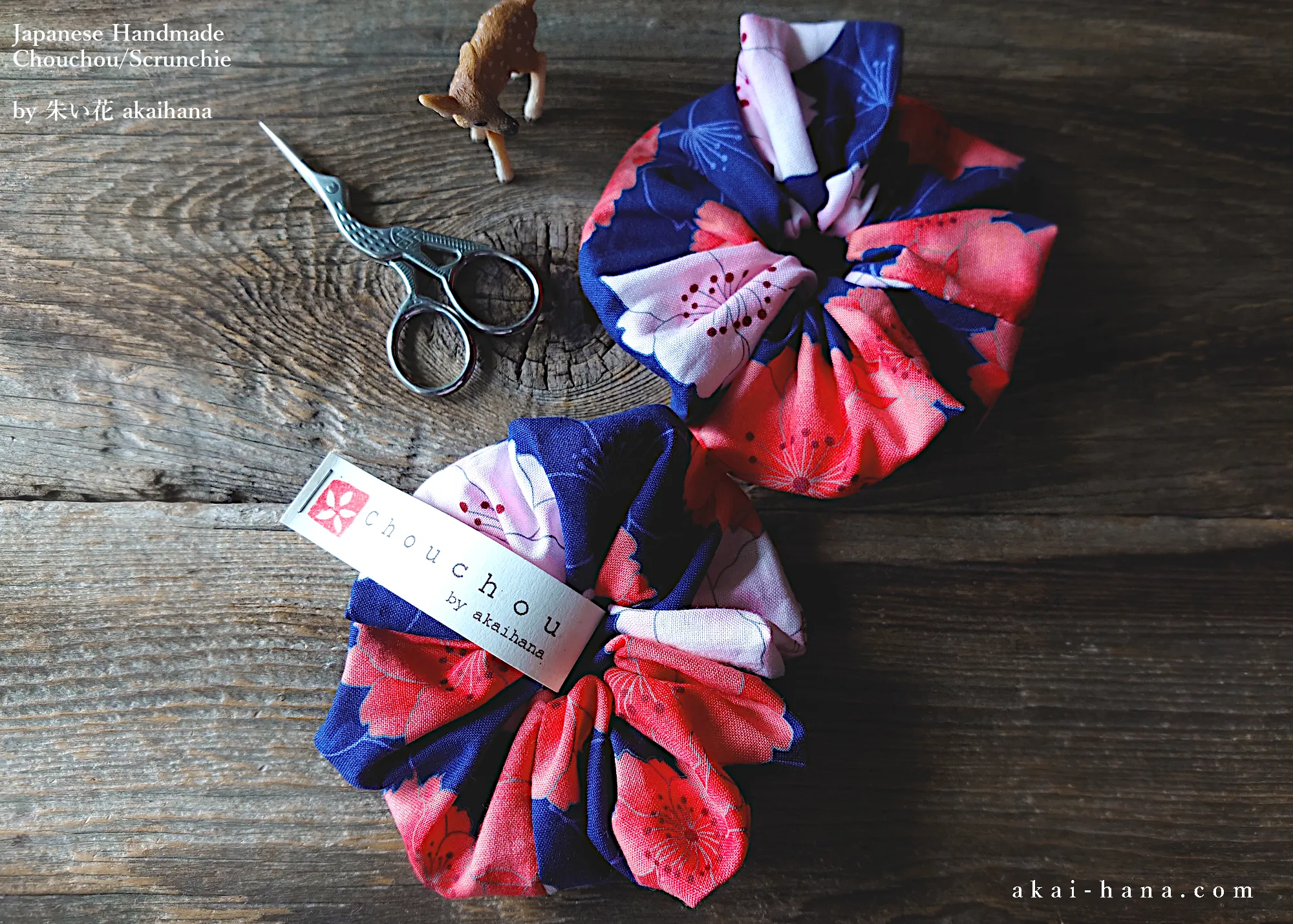 Japanese Handmade Kimono style Scrunchies, SAKURA Navy ⦿scjf0021