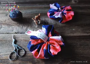 Japanese Handmade Kimono style Scrunchies, SAKURA Navy ⦿scjf0021