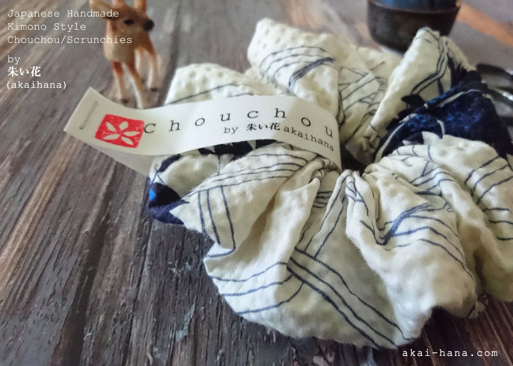 Japanese Handmade Kimono style Scrunchies, Shiro Nadeshiko, White Dianthus, scjf0067
