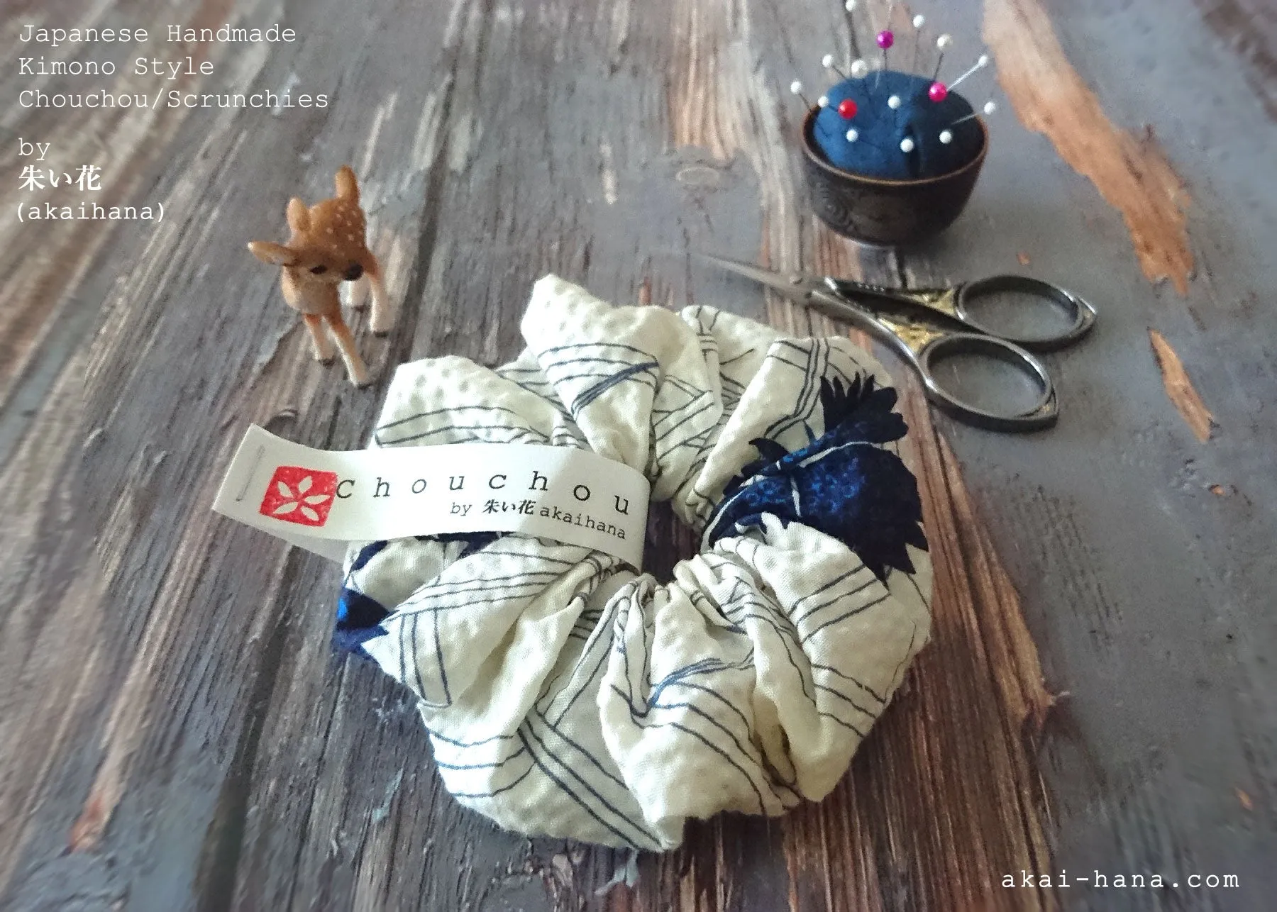 Japanese Handmade Kimono style Scrunchies, Shiro Nadeshiko, White Dianthus, scjf0067