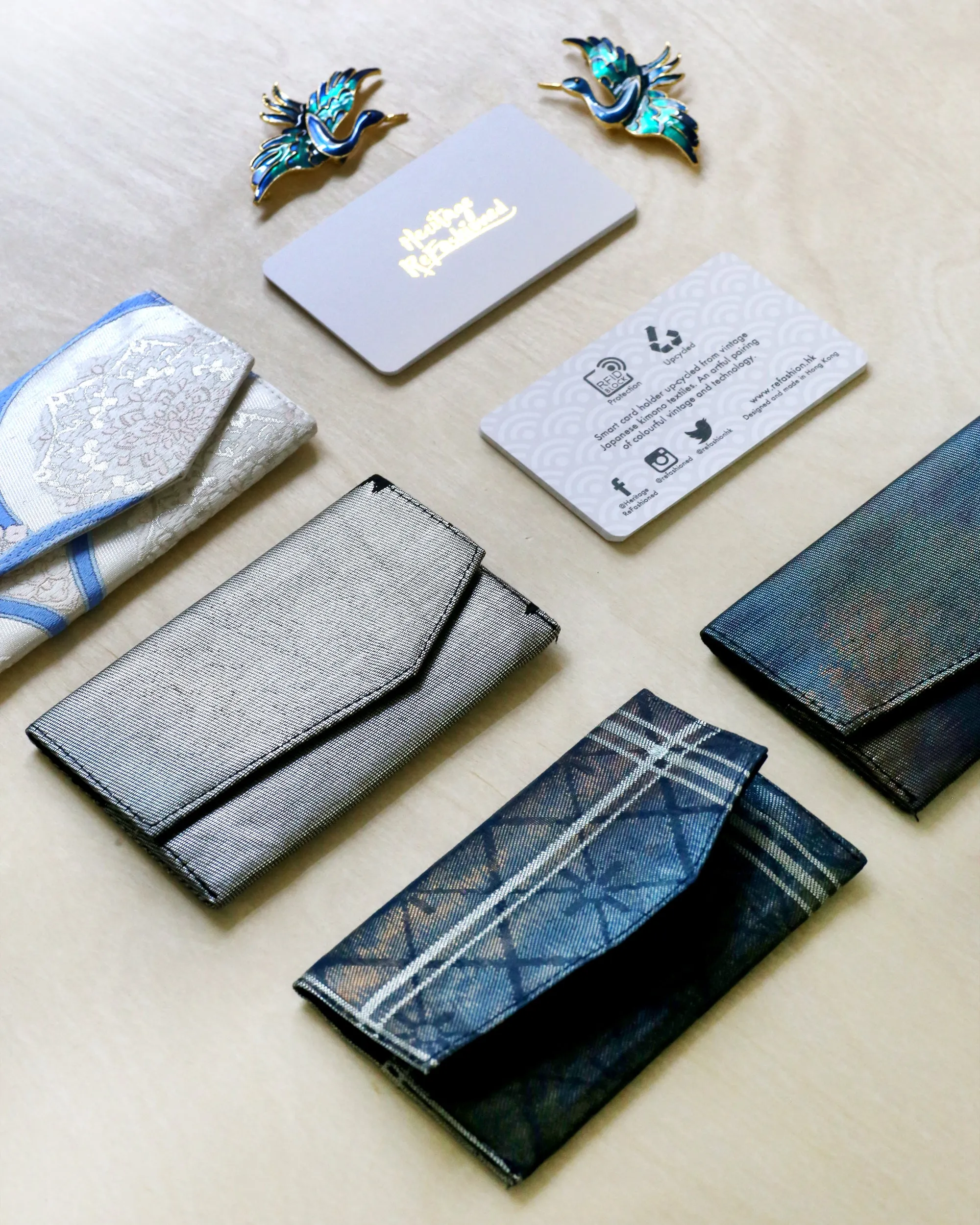 Japanese Kimono Business Card Holder - Navy Blue   Foil | Upcycled from vintage Obi textiles