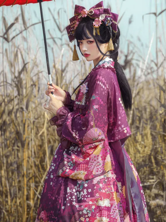 Japanese Style Lolita Costumes Lolita Dresses Polyester Bows Floral Print Kimono Sleeveless Black