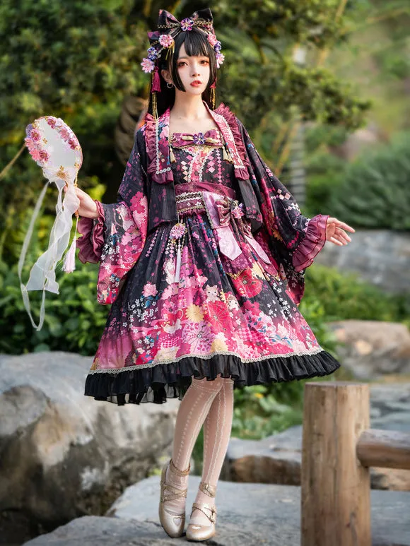 Japanese Style Lolita Costumes Lolita Dresses Polyester Bows Floral Print Kimono Sleeveless Black