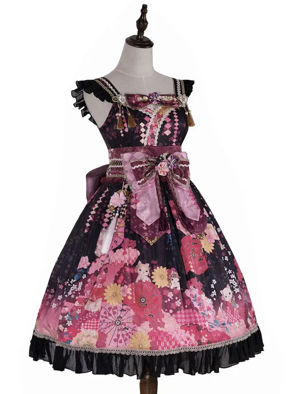 Japanese Style Lolita Costumes Lolita Dresses Polyester Bows Floral Print Kimono Sleeveless Black