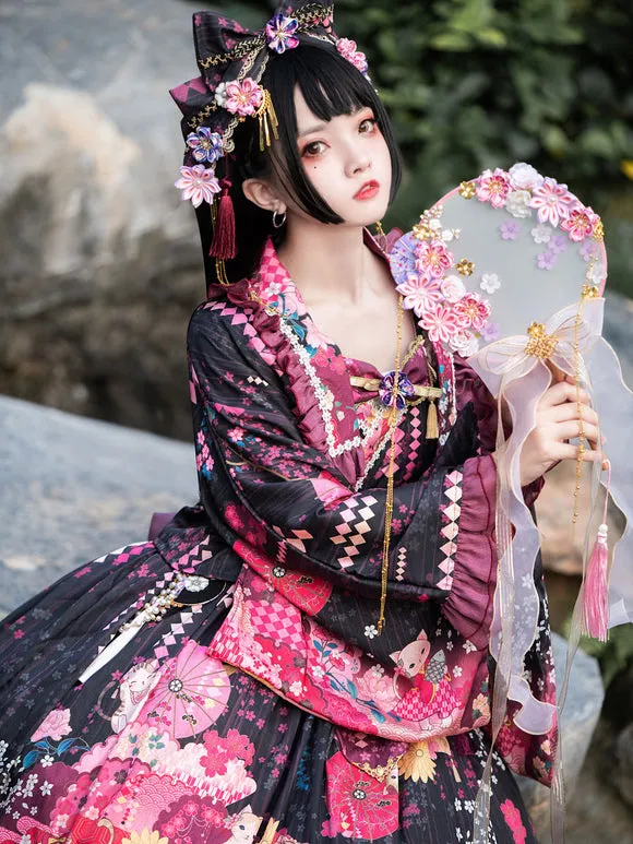 Japanese Style Lolita Costumes Lolita Dresses Polyester Bows Floral Print Kimono Sleeveless Black