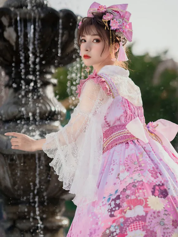 Japanese Style Lolita Costumes Lolita Dresses Polyester Bows Floral Print Kimono Sleeveless Black