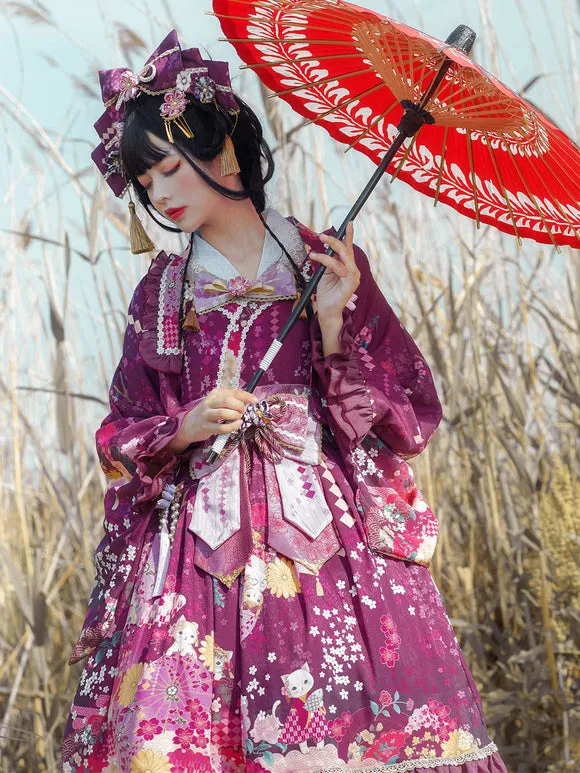 Japanese Style Lolita Costumes Lolita Dresses Polyester Bows Floral Print Kimono Sleeveless Black