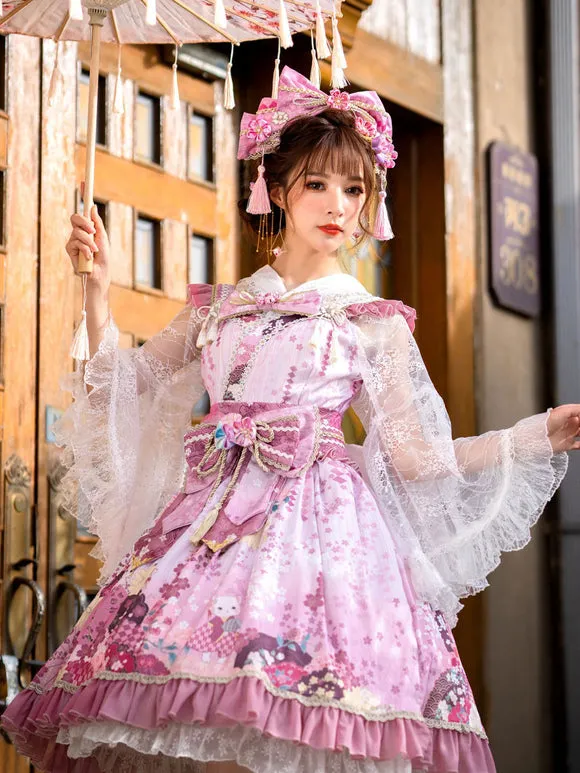 Japanese Style Lolita Costumes Lolita Dresses Polyester Bows Floral Print Kimono Sleeveless Black