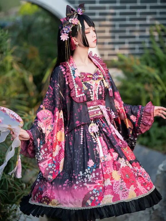 Japanese Style Lolita Costumes Lolita Dresses Polyester Bows Floral Print Kimono Sleeveless Black