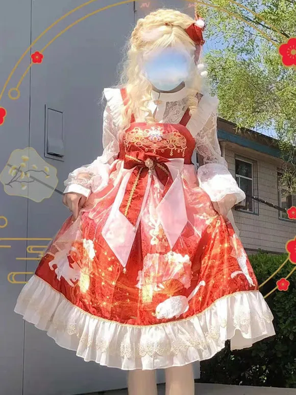 Japanese Style Lolita Costumes Lolita Dresses Polyester Ruffles Floral Print Kimono Sleeveless Red
