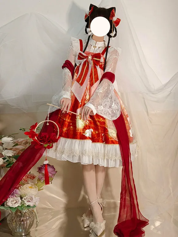 Japanese Style Lolita Costumes Lolita Dresses Polyester Ruffles Floral Print Kimono Sleeveless Red