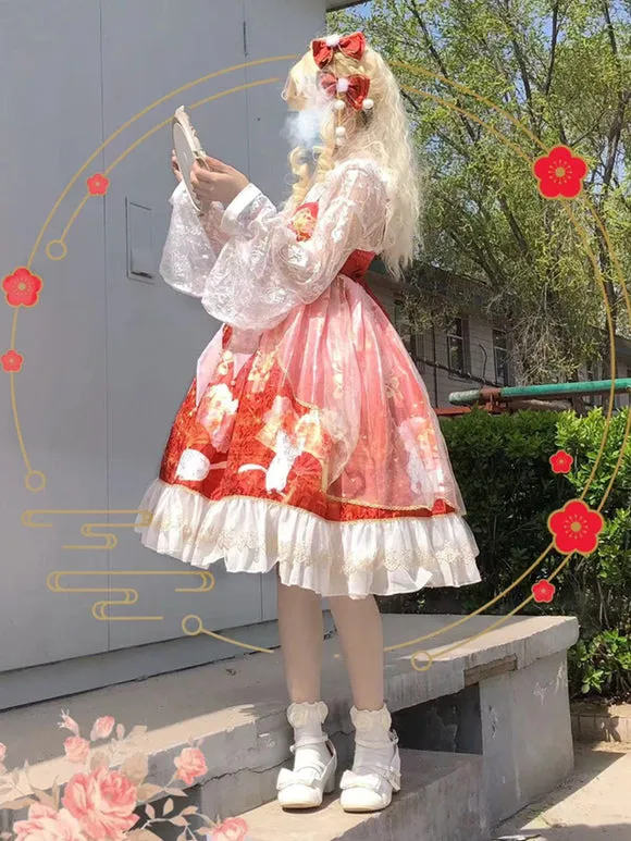 Japanese Style Lolita Costumes Lolita Dresses Polyester Ruffles Floral Print Kimono Sleeveless Red