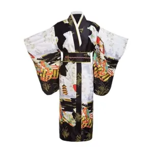 Japanese Tradition Kimono With Obi Flower Vintage Evening Dress