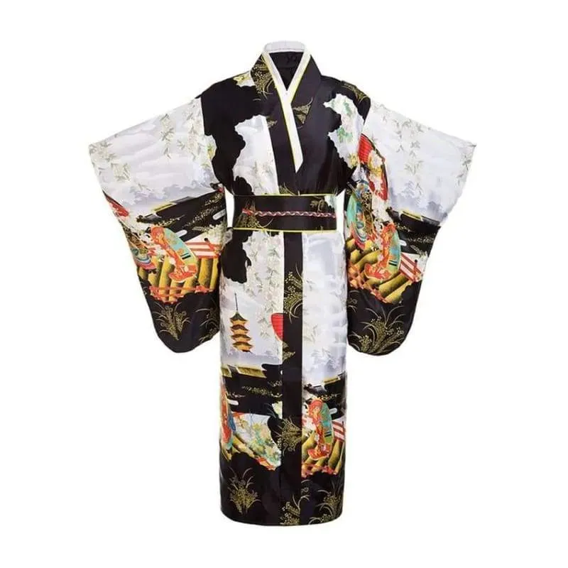Japanese Tradition Kimono With Obi Flower Vintage Evening Dress