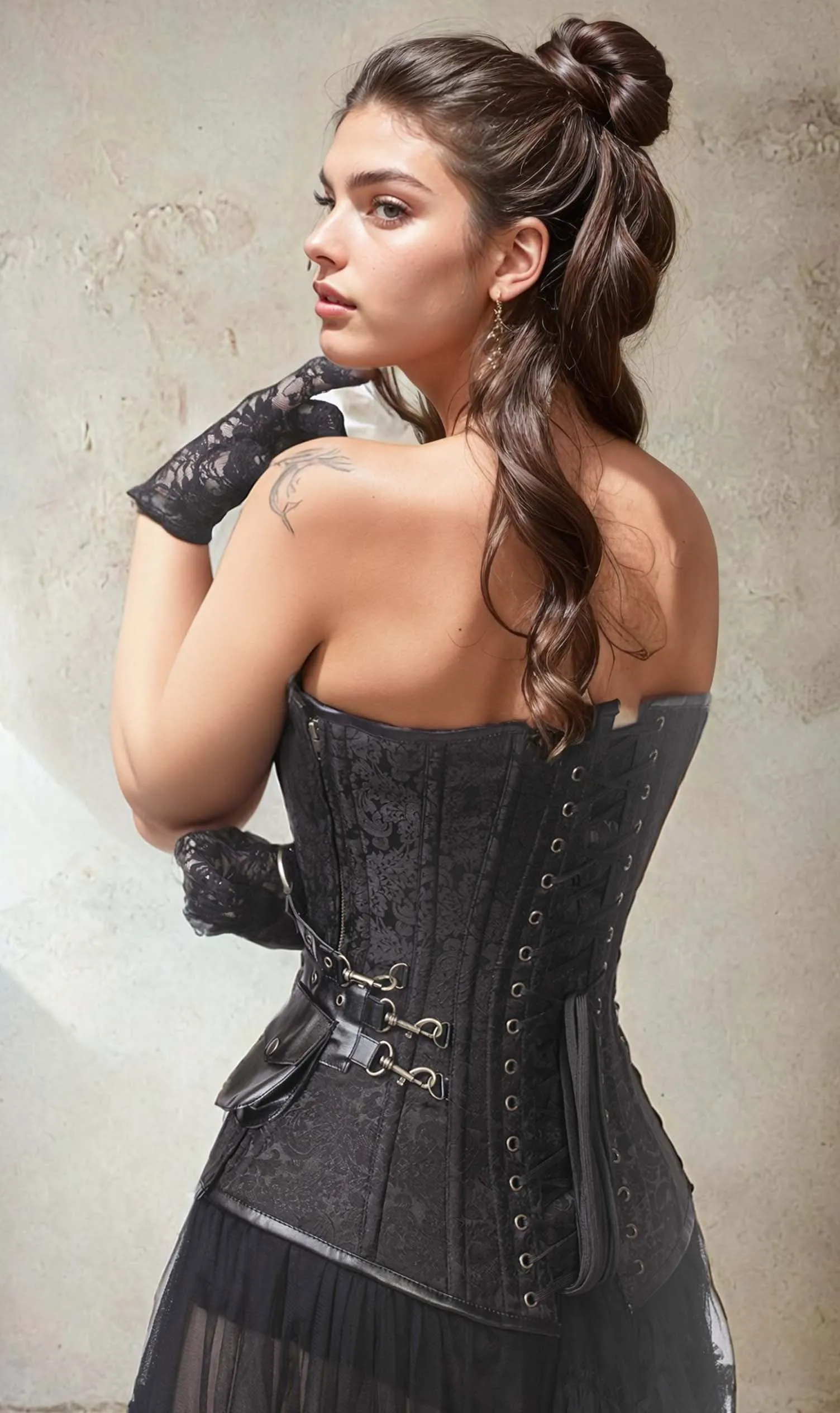 Jennifer Black Brocade Steampunk Corset with Shrug