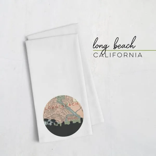 Long Beach, California city skyline with vintage Long Beach map