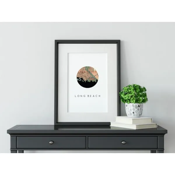Long Beach, California city skyline with vintage Long Beach map