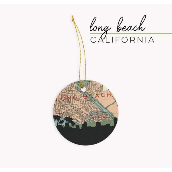 Long Beach, California city skyline with vintage Long Beach map