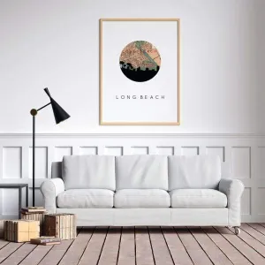 Long Beach, California city skyline with vintage Long Beach map