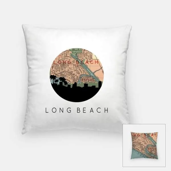 Long Beach, California city skyline with vintage Long Beach map
