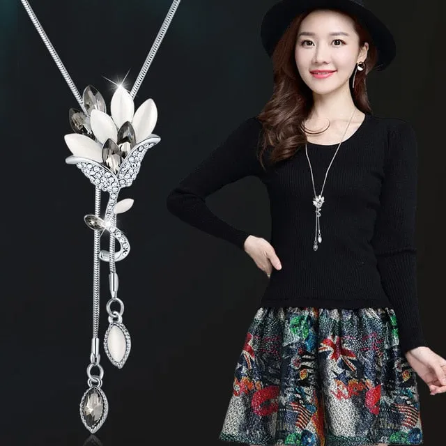 Long Chain Women Blue Opal Rhinestone Flower Necklaces & Pendants