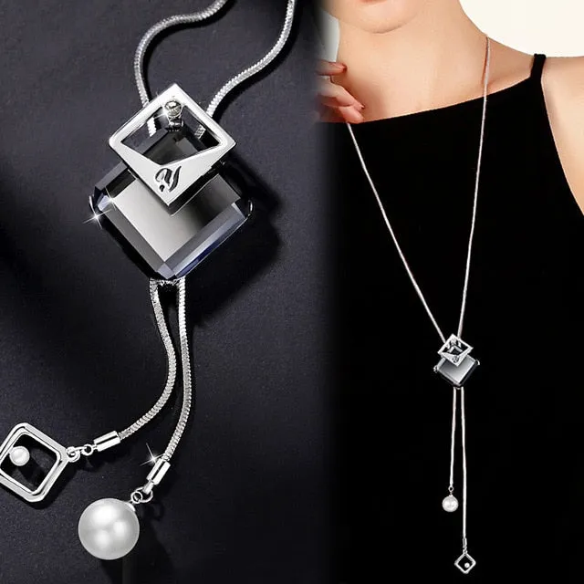Long Chain Women Blue Opal Rhinestone Flower Necklaces & Pendants