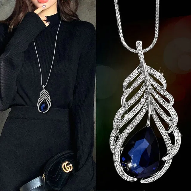 Long Chain Women Blue Opal Rhinestone Flower Necklaces & Pendants