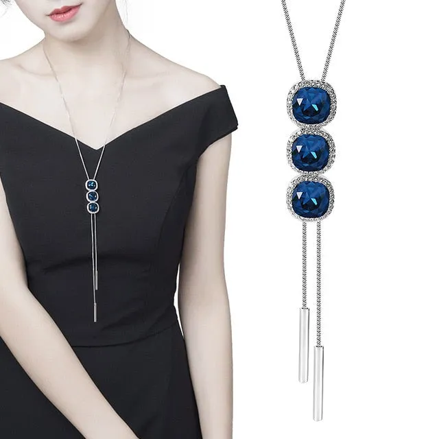 Long Chain Women Blue Opal Rhinestone Flower Necklaces & Pendants