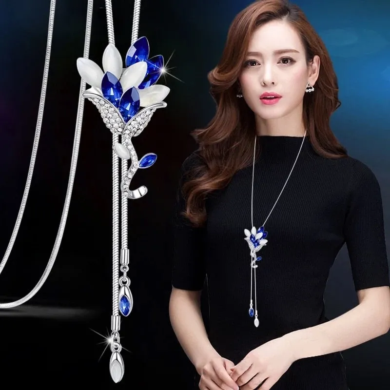 Long Chain Women Blue Opal Rhinestone Flower Necklaces & Pendants