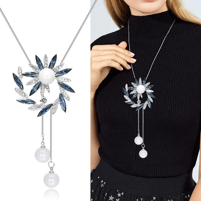 Long Chain Women Blue Opal Rhinestone Flower Necklaces & Pendants