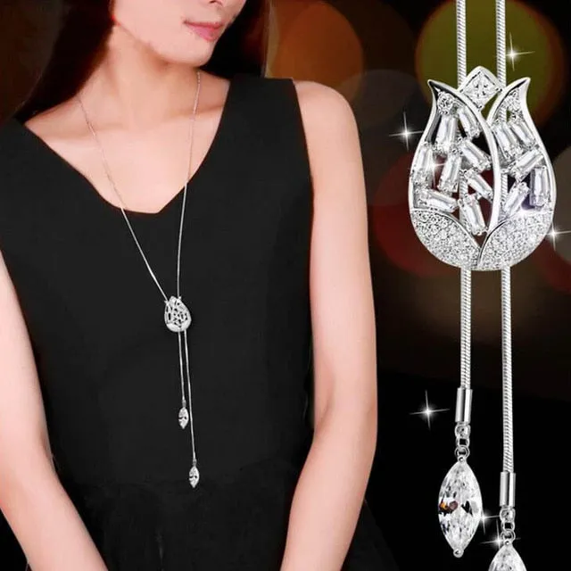 Long Chain Women Blue Opal Rhinestone Flower Necklaces & Pendants