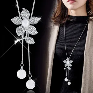 Long Chain Women Blue Opal Rhinestone Flower Necklaces & Pendants