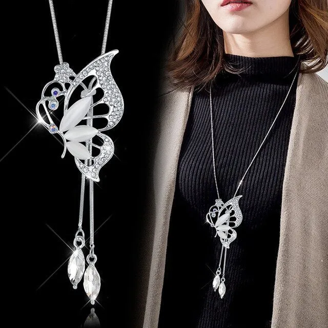 Long Chain Women Blue Opal Rhinestone Flower Necklaces & Pendants