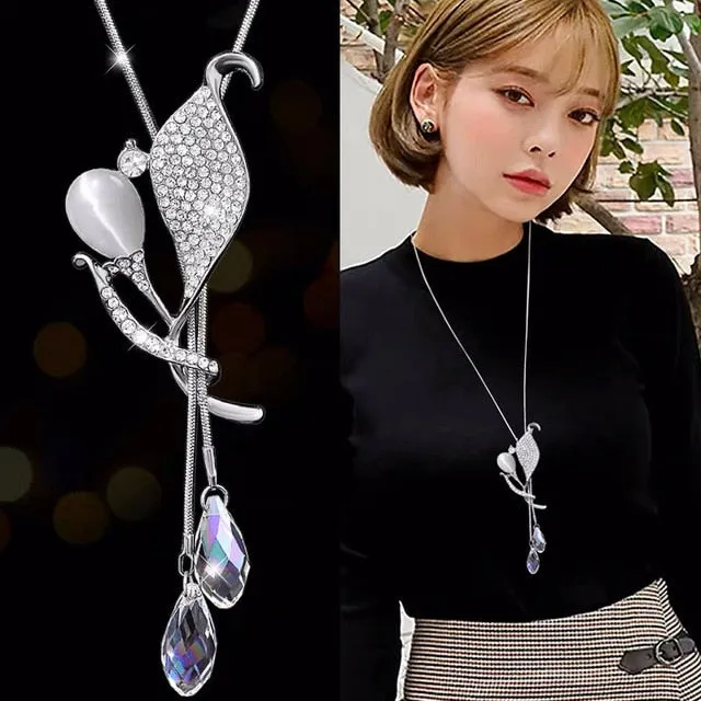 Long Chain Women Blue Opal Rhinestone Flower Necklaces & Pendants