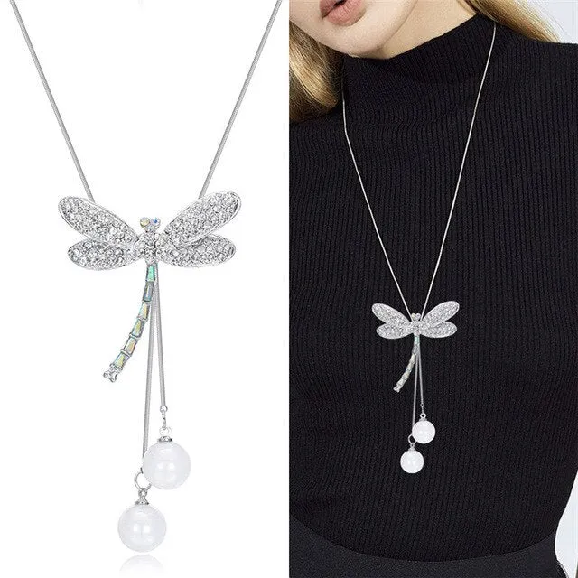 Long Chain Women Blue Opal Rhinestone Flower Necklaces & Pendants
