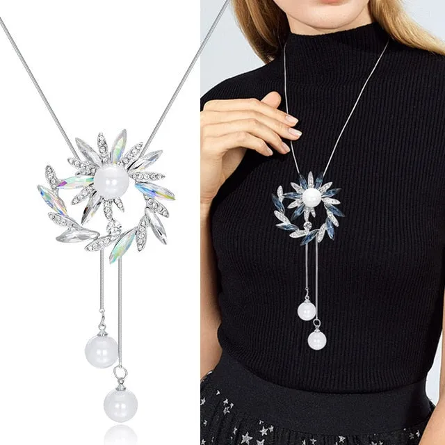 Long Chain Women Blue Opal Rhinestone Flower Necklaces & Pendants