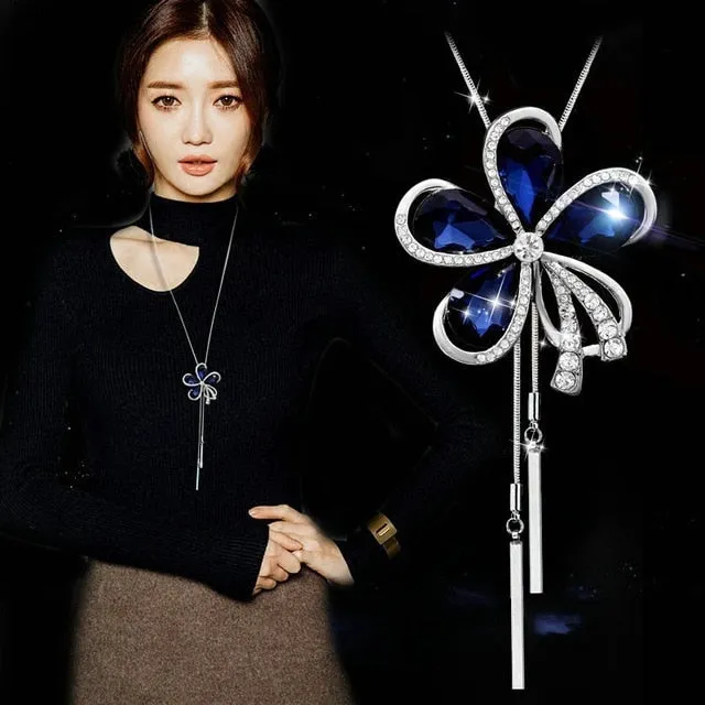 Long Chain Women Blue Opal Rhinestone Flower Necklaces & Pendants
